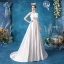 Affordable Ivory Satin Bridal Wedding Dresses 2020 A-Line / Princess Scoop Neck Sleeveless Pierced Appliques Lace Sweep Train Ruffle