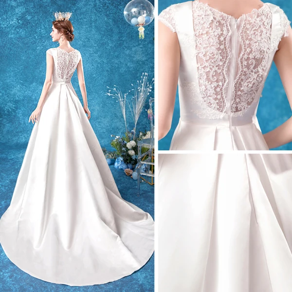 Affordable Ivory Satin Bridal Wedding Dresses 2020 A-Line / Princess Scoop Neck Sleeveless Pierced Appliques Lace Sweep Train Ruffle