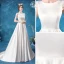 Affordable Ivory Satin Bridal Wedding Dresses 2020 A-Line / Princess Scoop Neck Sleeveless Pierced Appliques Lace Sweep Train Ruffle
