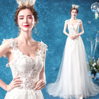Illusion Affordable White Beach Pierced Wedding Dresses 2020 A Line Princess Shoulders Sleeveless Backless Appliques Flower Beading Sweep Train