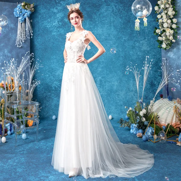 Illusion Affordable White Beach Pierced Wedding Dresses 2020 A-Line / Princess Shoulders Sleeveless Backless Appliques Flower Beading Sweep Train