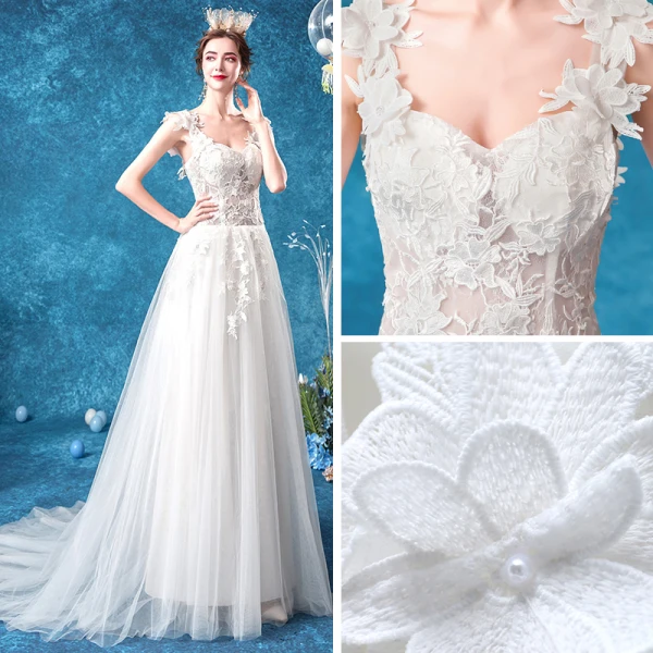 Illusion Affordable White Beach Pierced Wedding Dresses 2020 A-Line / Princess Shoulders Sleeveless Backless Appliques Flower Beading Sweep Train