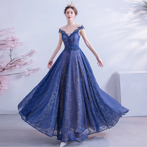 Chic / Beautiful Royal Blue Lace Evening Dresses 2020 A-Line / Princess See-through Scoop Neck Sleeveless Backless Appliques Lace Floor-Length / Long Ruffle Beading Formal Dresses