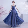Chic / Beautiful Royal Blue Lace Evening Dresses  2020 A-Line / Princess See-through Scoop Neck Sleeveless Backless Appliques Lace Floor-Length / Long Ruffle Beading Formal Dresses