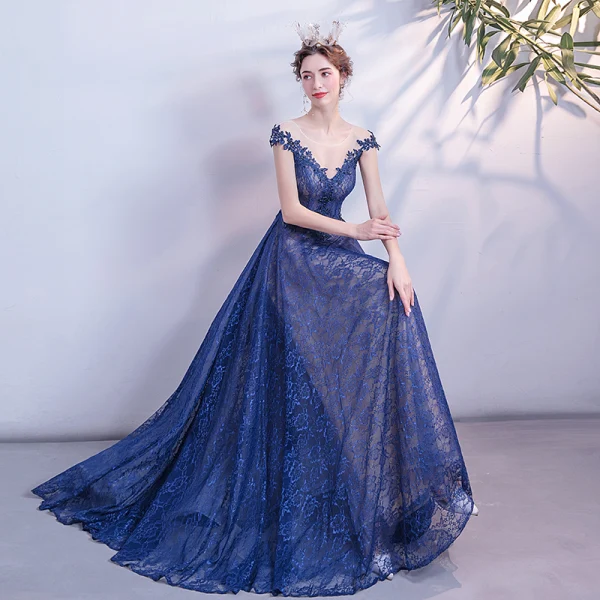 Chic / Beautiful Royal Blue Lace Evening Dresses 2020 A-Line / Princess See-through Scoop Neck Sleeveless Backless Appliques Lace Floor-Length / Long Ruffle Beading Formal Dresses
