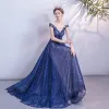 Chic / Beautiful Royal Blue Lace Evening Dresses  2020 A-Line / Princess See-through Scoop Neck Sleeveless Backless Appliques Lace Floor-Length / Long Ruffle Beading Formal Dresses