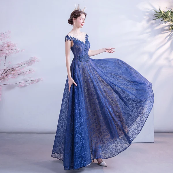 Chic / Beautiful Royal Blue Lace Evening Dresses 2020 A-Line / Princess See-through Scoop Neck Sleeveless Backless Appliques Lace Floor-Length / Long Ruffle Beading Formal Dresses