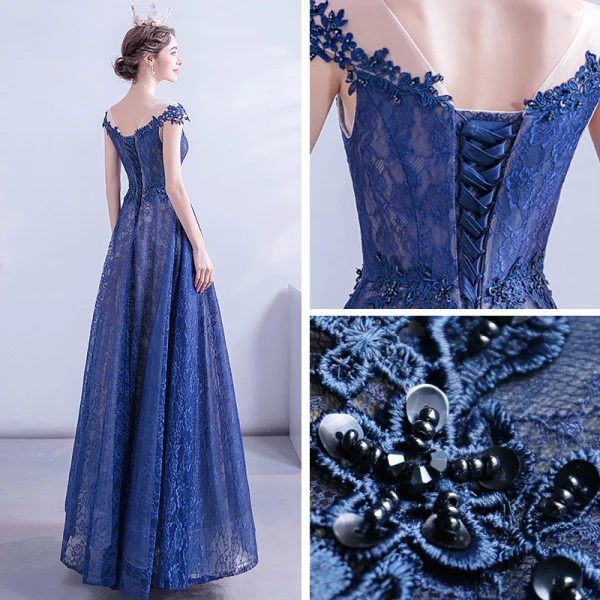 Chic / Beautiful Royal Blue Lace Evening Dresses 2020 A-Line / Princess See-through Scoop Neck Sleeveless Backless Appliques Lace Floor-Length / Long Ruffle Beading Formal Dresses