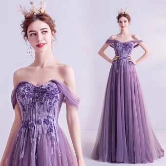 Elegant Grape Evening Dresses 2020 A Line Princess Off The Shoulder Short Sleeve Appliques Lace Beading Sweep Train Ruffle Backless Formal Dresses