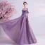 Eleganckie Winogrono Sukienki Wieczorowe 2020 Princessa Przy Ramieniu Kótkie Rękawy Aplikacje Z Koronki Frezowanie Trenem Sweep Wzburzyć Bez Pleców Sukienki Wizytowe
