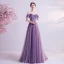 Eleganckie Winogrono Sukienki Wieczorowe 2020 Princessa Przy Ramieniu Kótkie Rękawy Aplikacje Z Koronki Frezowanie Trenem Sweep Wzburzyć Bez Pleców Sukienki Wizytowe