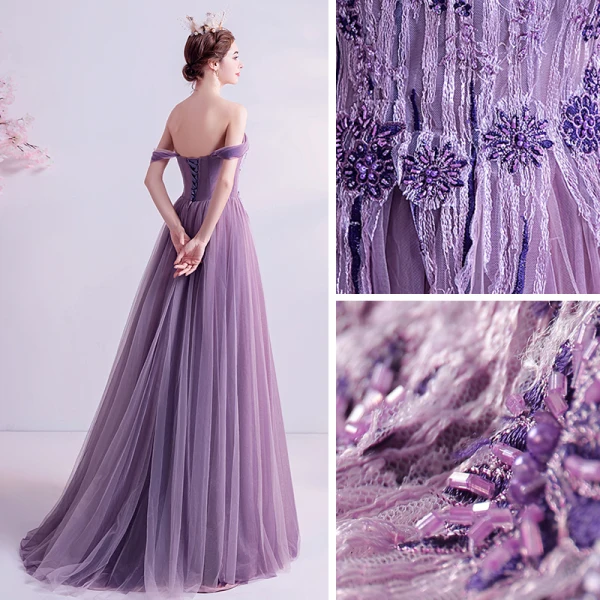 Eleganckie Winogrono Sukienki Wieczorowe 2020 Princessa Przy Ramieniu Kótkie Rękawy Aplikacje Z Koronki Frezowanie Trenem Sweep Wzburzyć Bez Pleców Sukienki Wizytowe