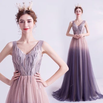 Chic Belle Perle Rose Dégradé De Couleur Violet Robe De Soirée 2020 Princesse V Cou Sans Manches Appliques En Dentelle Perlage Train De Balayage Volants Dos Nu