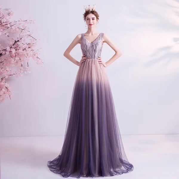 Chic / Beautiful Pearl Pink Gradient-Color Purple Evening Dresses 2020 A-Line / Princess V-Neck Sleeveless Appliques Lace Beading Sweep Train Ruffle Backless