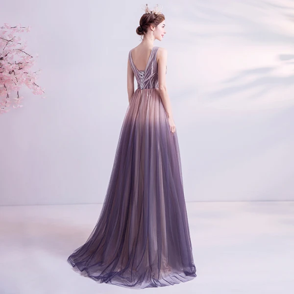 Chic / Beautiful Pearl Pink Gradient-Color Purple Evening Dresses 2020 A-Line / Princess V-Neck Sleeveless Appliques Lace Beading Sweep Train Ruffle Backless