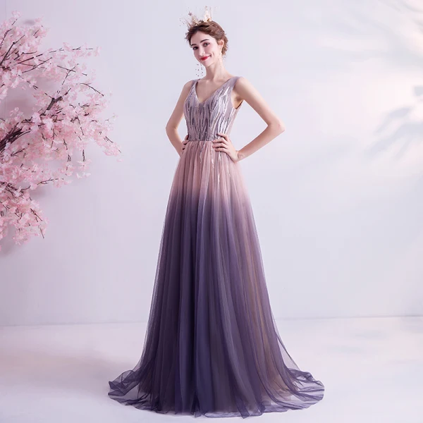 Chic / Beautiful Pearl Pink Gradient-Color Purple Evening Dresses 2020 A-Line / Princess V-Neck Sleeveless Appliques Lace Beading Sweep Train Ruffle Backless
