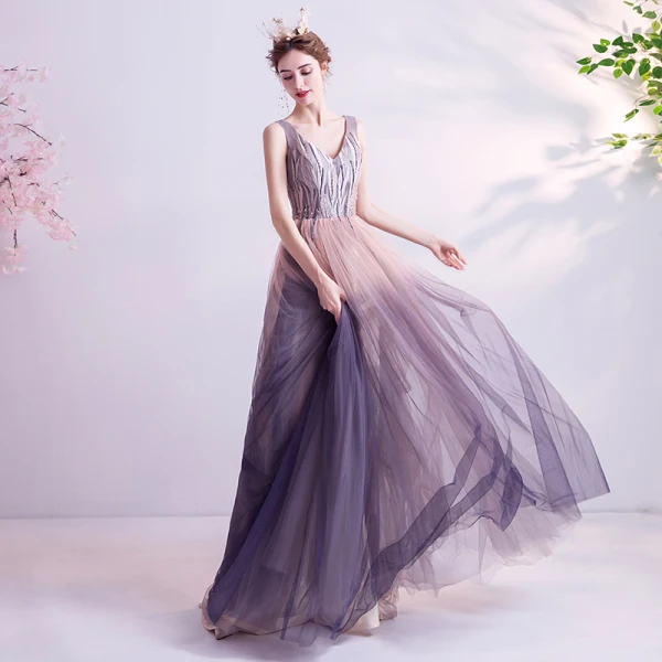 Chic / Beautiful Pearl Pink Gradient-Color Purple Evening Dresses 2020 A-Line / Princess V-Neck Sleeveless Appliques Lace Beading Sweep Train Ruffle Backless