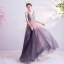 Chic / Beautiful Pearl Pink Gradient-Color Purple Evening Dresses  2020 A-Line / Princess V-Neck Sleeveless Appliques Lace Beading Sweep Train Ruffle Backless