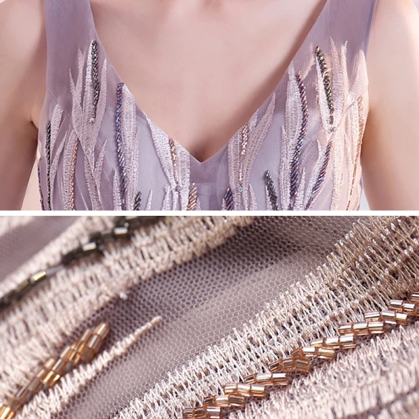 Chic / Beautiful Pearl Pink Gradient-Color Purple Evening Dresses 2020 A-Line / Princess V-Neck Sleeveless Appliques Lace Beading Sweep Train Ruffle Backless