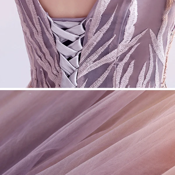 Chic / Beautiful Pearl Pink Gradient-Color Purple Evening Dresses 2020 A-Line / Princess V-Neck Sleeveless Appliques Lace Beading Sweep Train Ruffle Backless
