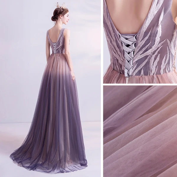 Chic / Beautiful Pearl Pink Gradient-Color Purple Evening Dresses 2020 A-Line / Princess V-Neck Sleeveless Appliques Lace Beading Sweep Train Ruffle Backless