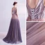 Chic / Beautiful Pearl Pink Gradient-Color Purple Evening Dresses  2020 A-Line / Princess V-Neck Sleeveless Appliques Lace Beading Sweep Train Ruffle Backless