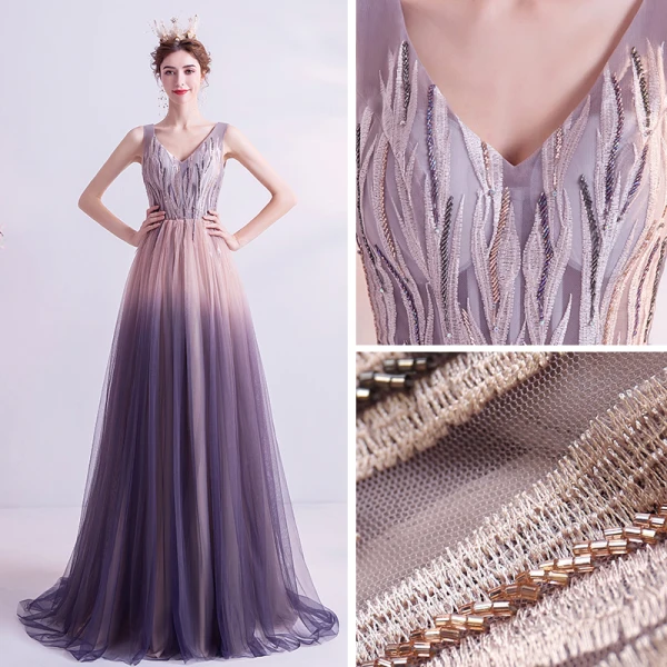 Chic / Beautiful Pearl Pink Gradient-Color Purple Evening Dresses 2020 A-Line / Princess V-Neck Sleeveless Appliques Lace Beading Sweep Train Ruffle Backless