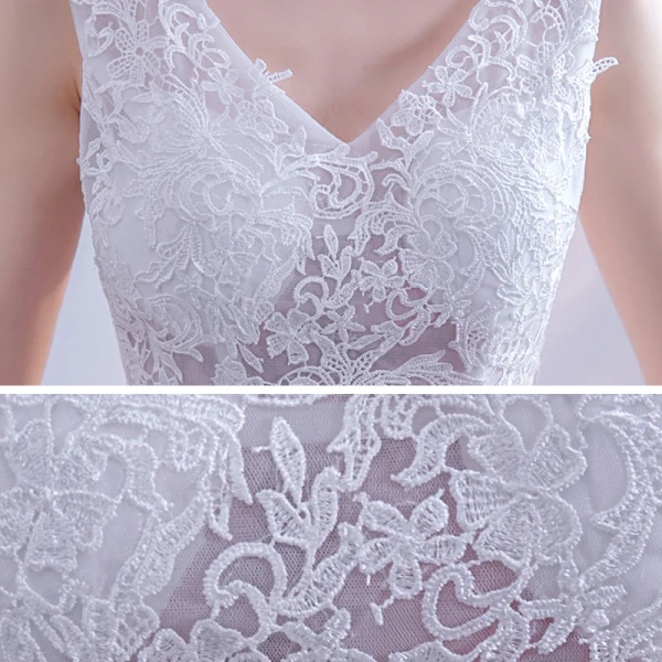 Illusion Affordable White Bridal Wedding Dresses 2020 A-Line / Princess V-Neck Sleeveless Backless Appliques Lace Court Train Ruffle