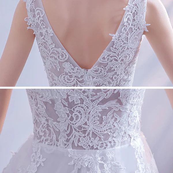 Illusion Affordable White Bridal Wedding Dresses 2020 A-Line / Princess V-Neck Sleeveless Backless Appliques Lace Court Train Ruffle