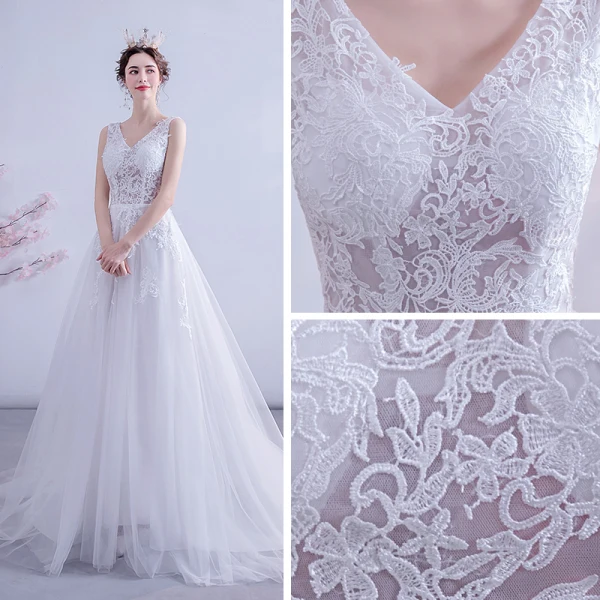 Illusion Affordable White Bridal Wedding Dresses 2020 A-Line / Princess V-Neck Sleeveless Backless Appliques Lace Court Train Ruffle
