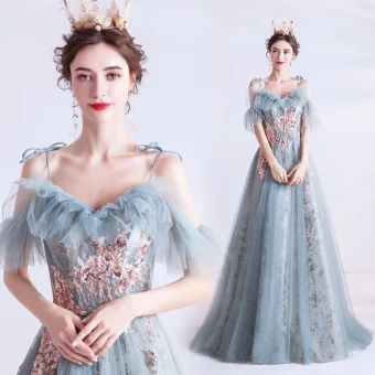 Chic Belle Bleu Ciel Robe De Soirée 2020 Princesse De L 039 Épaule Bretelles Spaghetti Manches Courtes Appliques Paillettes Glitter Tulle Longue Volants Dos Nu Robe De Ceremonie