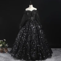 Estilo Victoriano Negro Vestidos de gala 2020 Ball Gown Fuera Del Hombro Hinchado Manga Larga Estrella Apliques Lentejuelas Largos Ruffle Sin Espalda Vestidos Formales