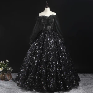 Estilo Victoriano Negro Vestidos De Gala 2020 Ball Gown Fuera Del Hombro Hinchado Manga Larga Estrella Apliques Lentejuelas Largos Ruffle Sin Espalda Vestidos Formales