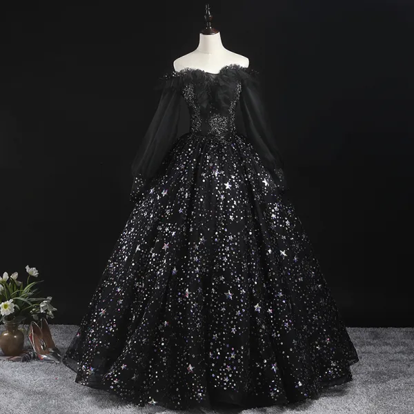 Victorian Style Black Prom Dresses 2020 Ball Gown Off-The-Shoulder Puffy Long Sleeve Star Appliques Sequins Floor-Length / Long Ruffle Backless Formal Dresses