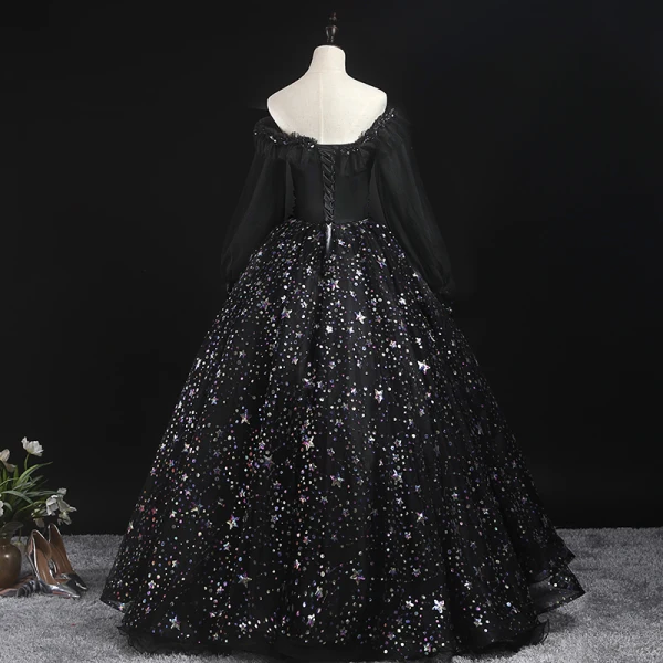 Style Victorien Noire Robe De Bal 2020 Robe Boule De l'épaule Gonflée Manches Longues Étoile Appliques Paillettes Longue Volants Dos Nu Robe De Ceremonie