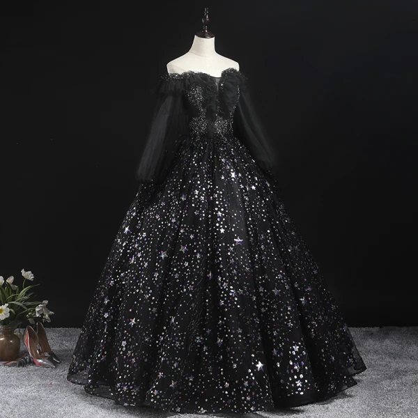 Style Victorien Noire Robe De Bal 2020 Robe Boule De l'épaule Gonflée Manches Longues Étoile Appliques Paillettes Longue Volants Dos Nu Robe De Ceremonie