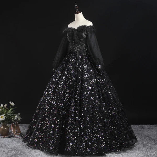 Style Victorien Noire Robe De Bal 2020 Robe Boule De l'épaule Gonflée Manches Longues Étoile Appliques Paillettes Longue Volants Dos Nu Robe De Ceremonie