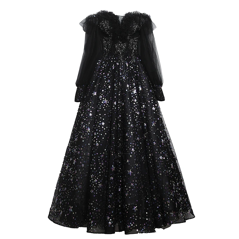 Victorian Style Black Prom Dresses 2020 Ball Gown Off The Shoulder Puffy  Long Sleeve Star Appliques Sequins Floor Length Long Ruffle Backless Formal  Dresses