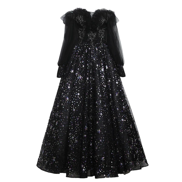 Style Victorien Noire Robe De Bal 2020 Robe Boule De l'épaule Gonflée Manches Longues Étoile Appliques Paillettes Longue Volants Dos Nu Robe De Ceremonie
