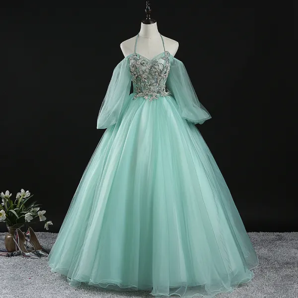 Chic / Beautiful Mint Green Prom Dresses 2020 Ball Gown Halter Puffy Long Sleeve Appliques Lace Beading Floor-Length / Long Ruffle Backless Formal Dresses