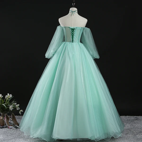 Chic / Beautiful Mint Green Prom Dresses 2020 Ball Gown Halter Puffy Long  Sleeve Appliques Lace Beading