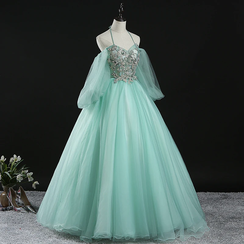 Chic Beautiful Mint Green Prom Dresses 2020 Ball Gown Halter Puffy Long  Sleeve Appliques Lace Beading Floor Length Long Ruffle Backless Formal  Dresses