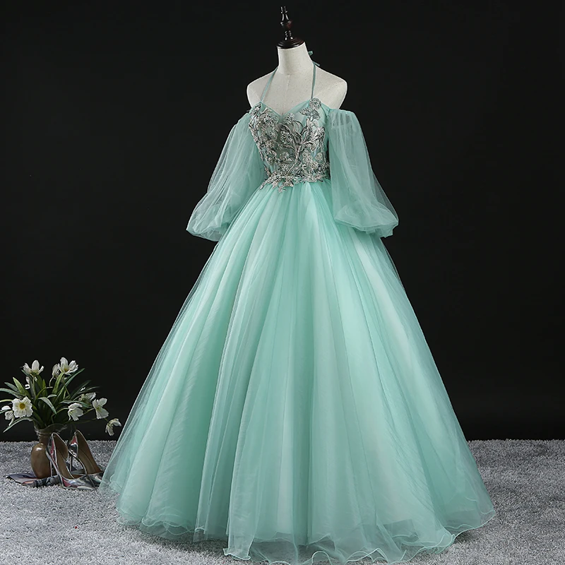 Chic Beautiful Mint Green Prom Dresses 2020 Ball Gown Halter Puffy Long  Sleeve Appliques Lace Beading Floor Length Long Ruffle Backless Formal  Dresses