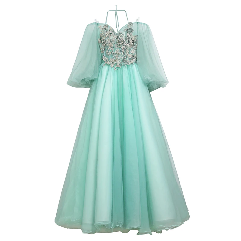 Chic Beautiful Mint Green Prom Dresses 2020 Ball Gown Halter Puffy Long Sleeve Appliques Lace Beading Floor Length Long Ruffle Backless Formal Dresses Chic Beautiful Mint Green Prom Dresses 2020 Ball Gown Halter Puffy Long Sleeve Appliques Lace Beading Floor Length Long Ruffle Backless Formal Dresses