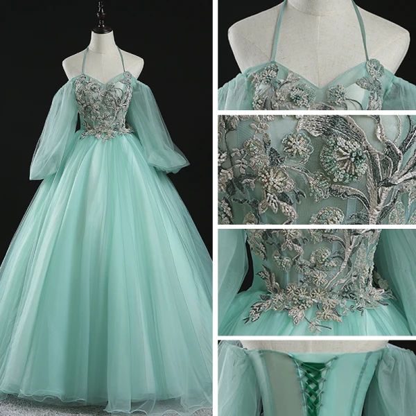 Chic / Beautiful Mint Green Prom Dresses 2020 Ball Gown Halter Puffy Long Sleeve Appliques Lace Beading Floor-Length / Long Ruffle Backless Formal Dresses