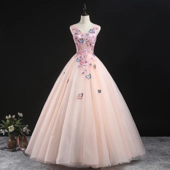 Chic Beautiful Pearl Pink Prom Dresses 2020 Ball Gown V Neck Sleeveless Butterfly Appliques Lace Beading Floor Length Long Ruffle Formal Dresses