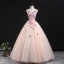 Chic / Beautiful Pearl Pink Prom Dresses 2020 Ball Gown V-Neck Sleeveless Butterfly Appliques Lace Beading Floor-Length / Long Ruffle Formal Dresses