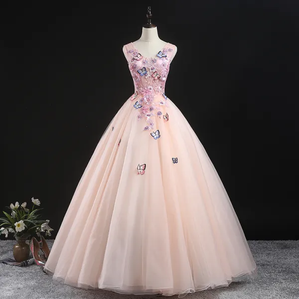 Chic / Beautiful Pearl Pink Prom Dresses 2020 Ball Gown V-Neck Sleeveless Butterfly Appliques Lace Beading Floor-Length / Long Ruffle Formal Dresses