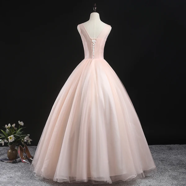 Chic / Beautiful Pearl Pink Prom Dresses 2020 Ball Gown V-Neck Sleeveless Butterfly Appliques Lace Beading Floor-Length / Long Ruffle Formal Dresses