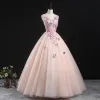 Chic / Beautiful Pearl Pink Prom Dresses 2020 Ball Gown V-Neck Sleeveless Butterfly Appliques Lace Beading Floor-Length / Long Ruffle Formal Dresses